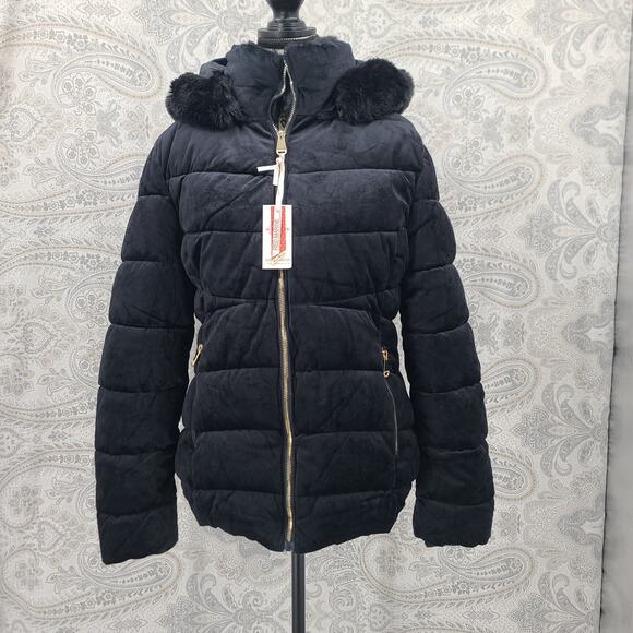 Red Marine Amsterdams faux fur lined Hooded velvet puffer Jacket Black  Large - Picture 1 of 12